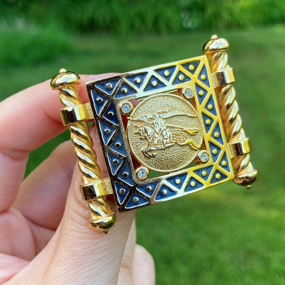 Vintage BURBERRYS of London Gold Tone and Blue Enamel Brooch Pin Prorsum Knight